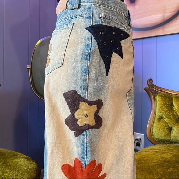 Vintage 90s/Y2K RARE Road Cat Suede And Felt Patchwork Maxi Denim Skirt Size M - Picture 6 of 16